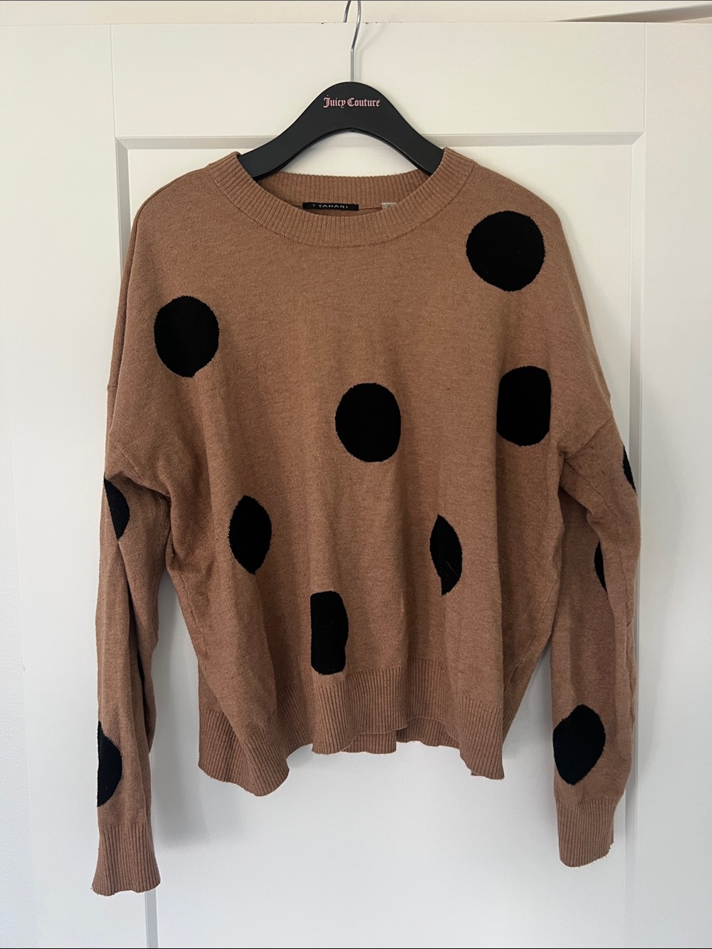 Tahari Brown Knit Sweater with Black Polka Dots